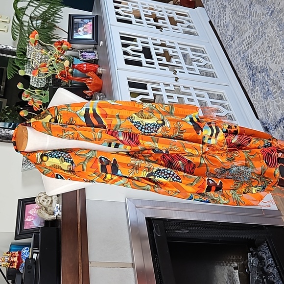 Large Scarf, wrap, or Beach cover up. Orange with colorful fish design. - Picture 1 of 6